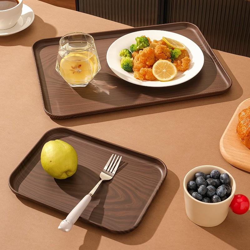 Wood-Grain Plastic Serving Tray - Large Capacity Multi-Purpose Plate for Home & Commercial Use, for Water Cups, Cakes & Desserts