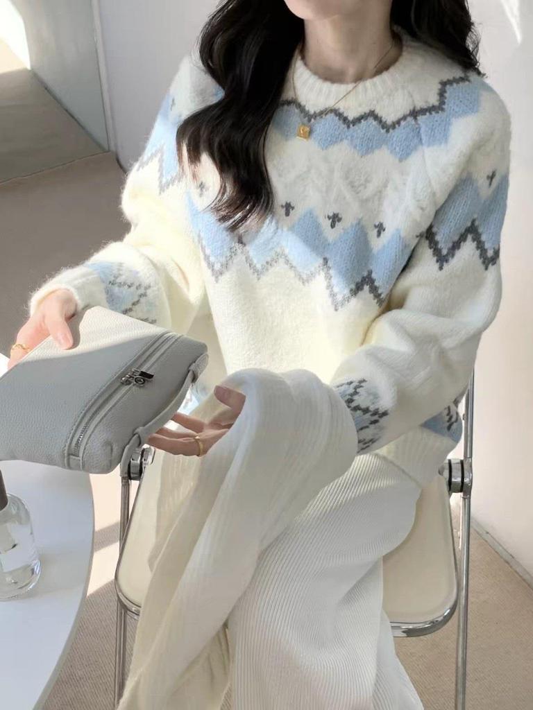 2026 Women's Diamond Jacquard Color Block Sweater - Autumn/Winter College Style Loose Knit Pullover