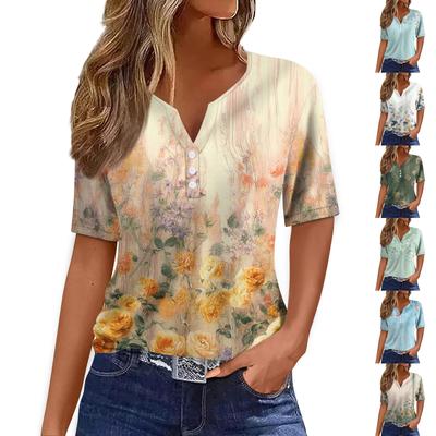 Women's Fashion Casual Printed V-Neck Short Sleeve Decorative Button T-Shirt Top