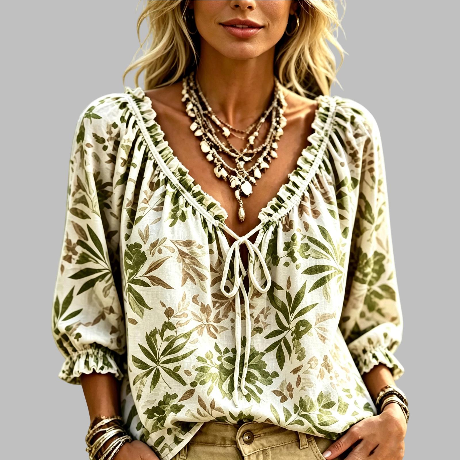 Women s Floral Print Casual Three-Quarter Sleeve Loose Fit Summer Top S