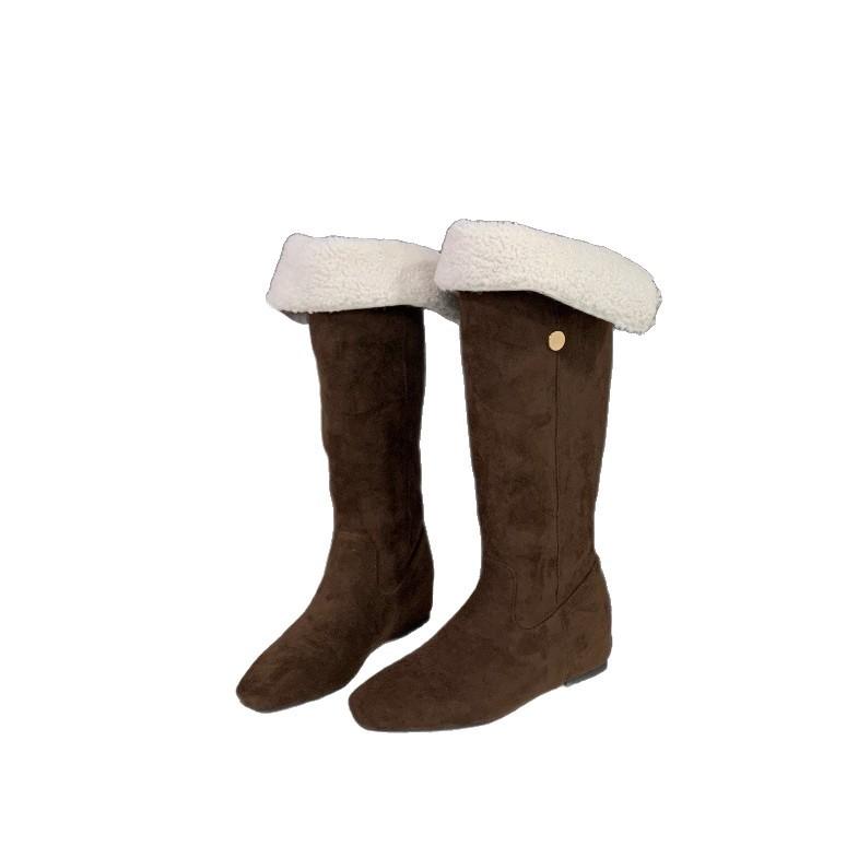 Skinny and versatile. Maillard brown big tube circumference flat bottom knee boots women's 2025 new autumn tall tube stacking boots