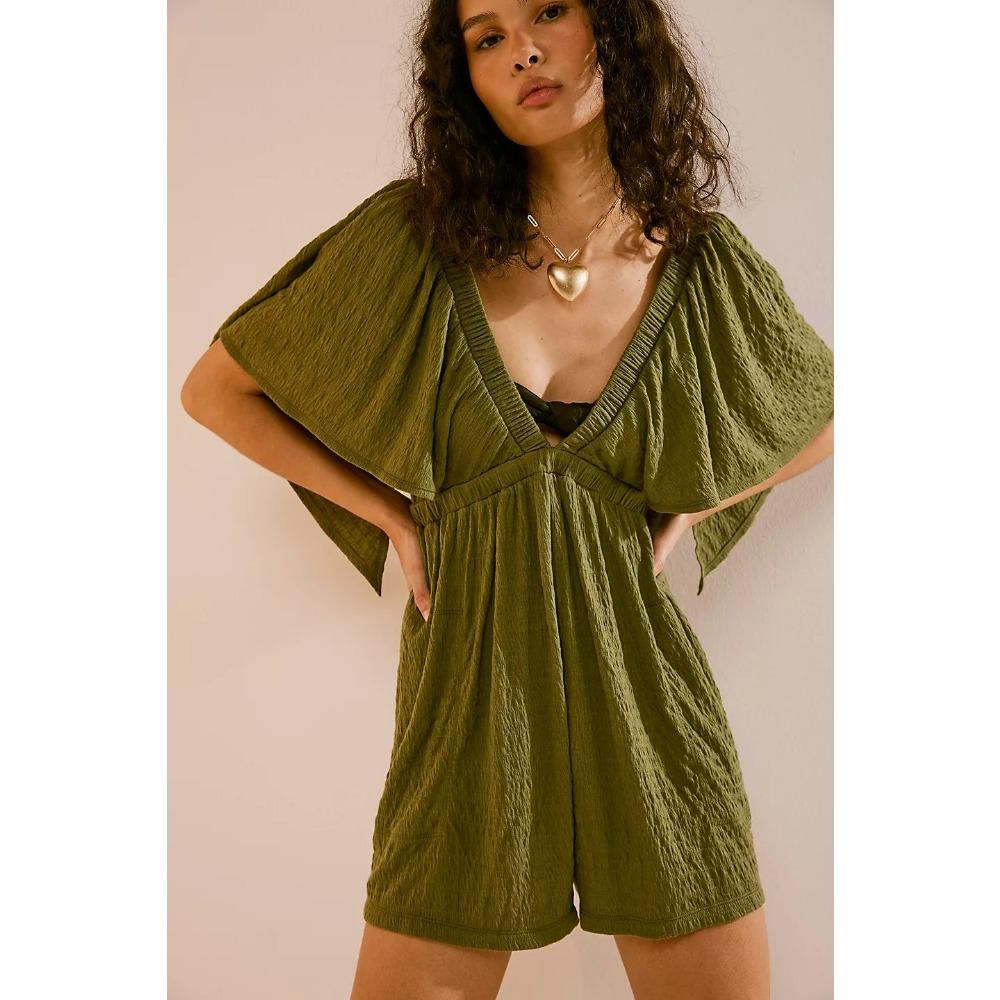 Summer Women's V-neck Low-cut Sexy Backless Short-sleeved Solid Colour Loose Casual Jumpsuit