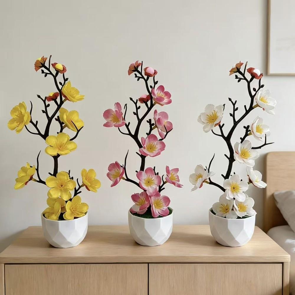 Small Fake Wintersweet Flower Bonsai with White Pot Artificial Faux Plants Indoor Decoration