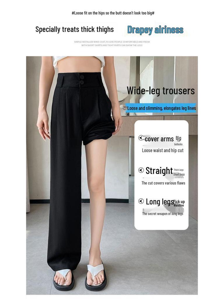 Ice Silk Cotton Linen High-Waisted Wide-Leg Pants for Women – Summer 2026 Drapey, Straight-Leg Casual Suit Style