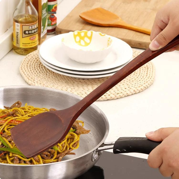 High-Temperature Resistant Non-Stick Wooden Stir-Fry Spatula with Long Handle