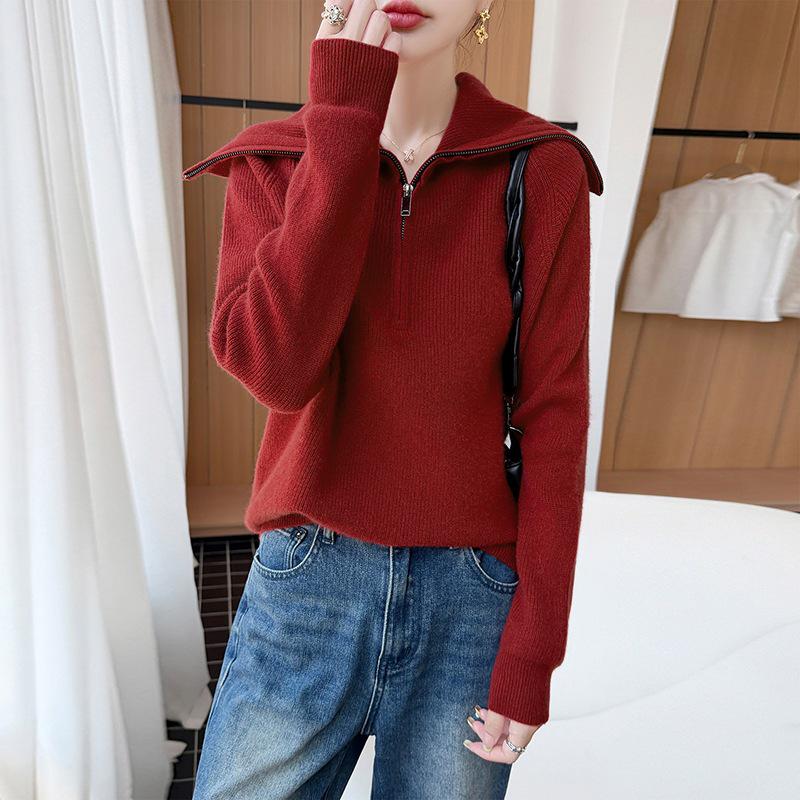 2026 Women's Autumn/Winter Pure Wool Lapel Half-Zip Knitwear Long Sleeve Pullover Sweater
