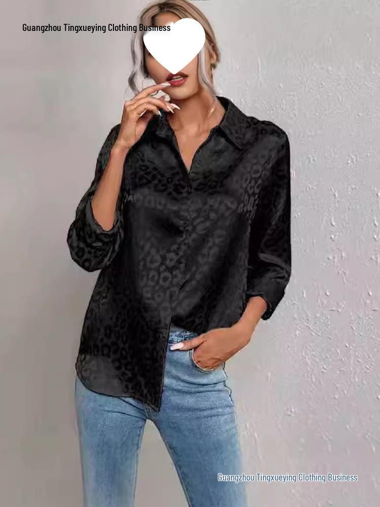Women's Autumn Elegant Leopard Print Satin Jacquard Long-Sleeve Lapel Shirt