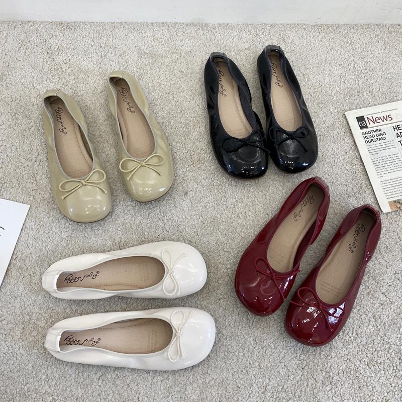 Gentle Wind Soft-Soled Beanie Shoes Women'S Bow Small Leather Shoes Spring And Summer Mary Jane Shoes Grandma Shoes