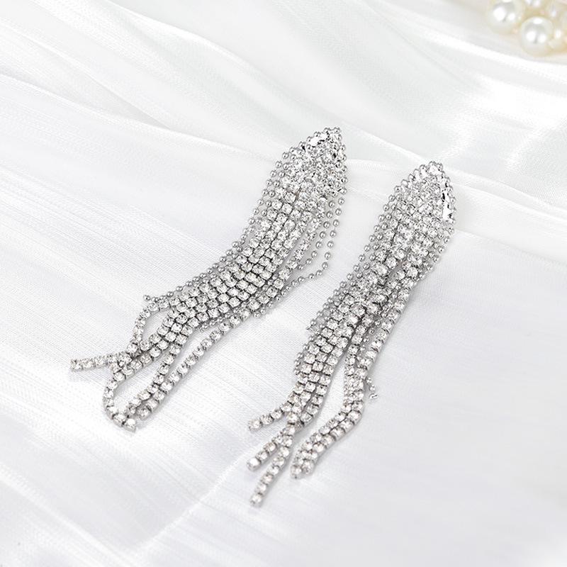 

S925 Silver Geometric Triangle Long Tassel Earrings with Full Diamonds - Trendy Statement Jewelry for Women