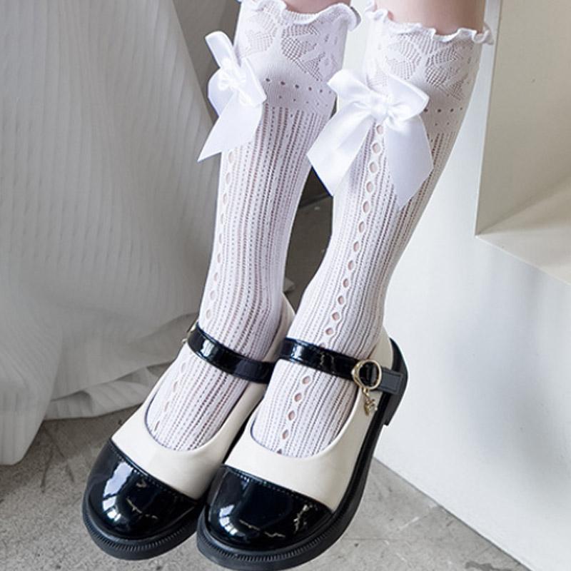 Sommer Kinder Mädchen Lange Socken Schwarz Weiß Farbe Lolita Strümpfe Schleife Spitze Japanische JK Wadensocke Prinzessin Kinder Strumpf