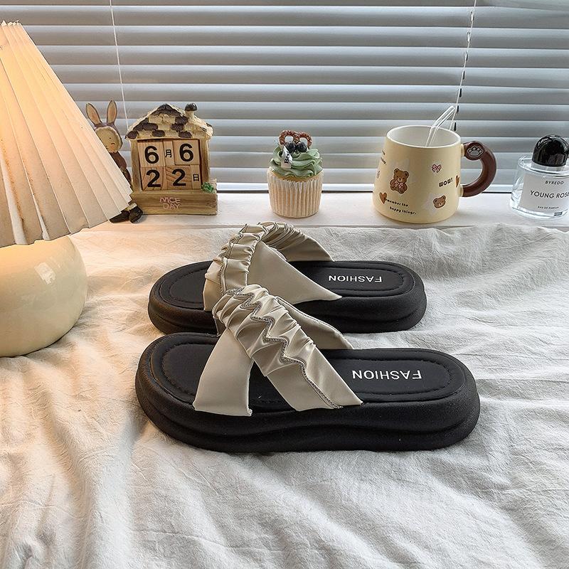 

Platform versatile shoes slope heel sandals slippers sandals cross new fashion rhinestone belt summer 2025 folds 40