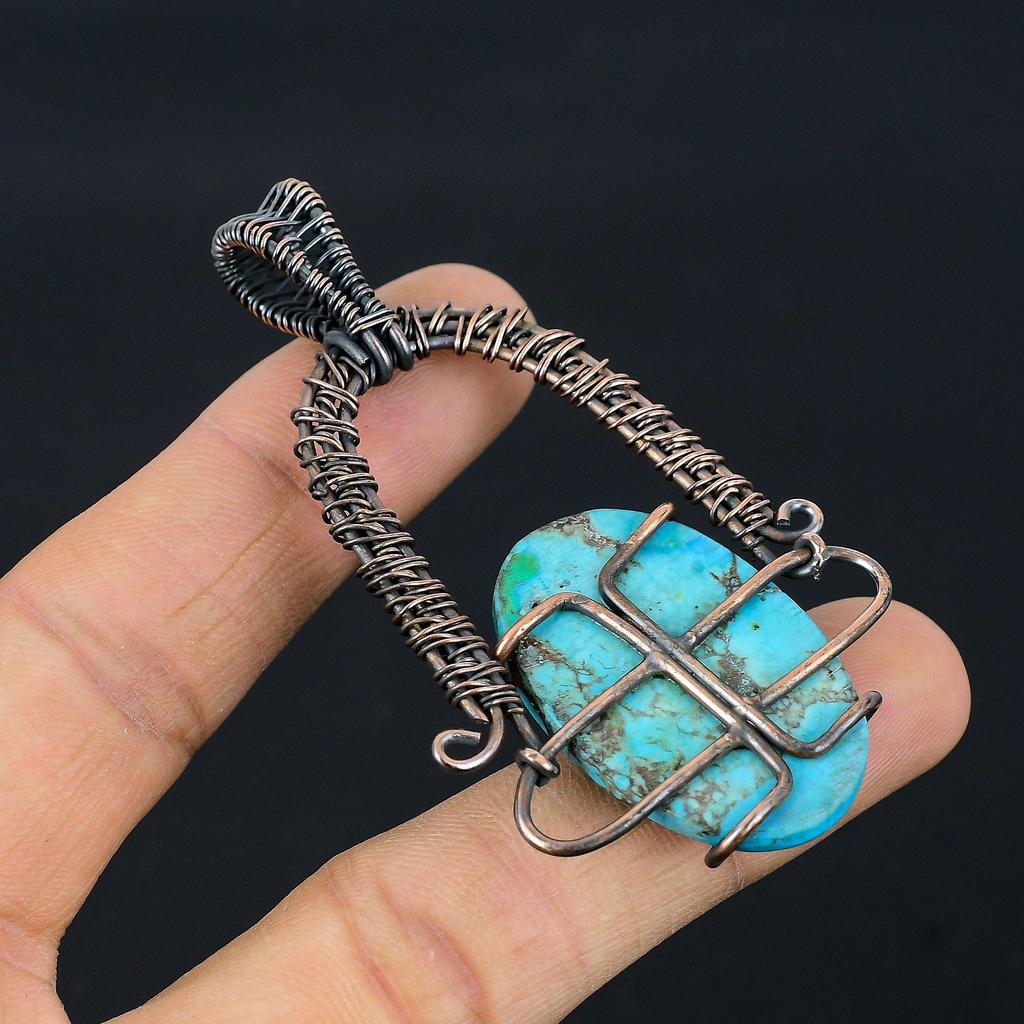 Tibetan Turquoise Pendant, 999 Copper Wire Wrapped Gemstone Jewelry, Handmade Pendant, For Thanksgiving