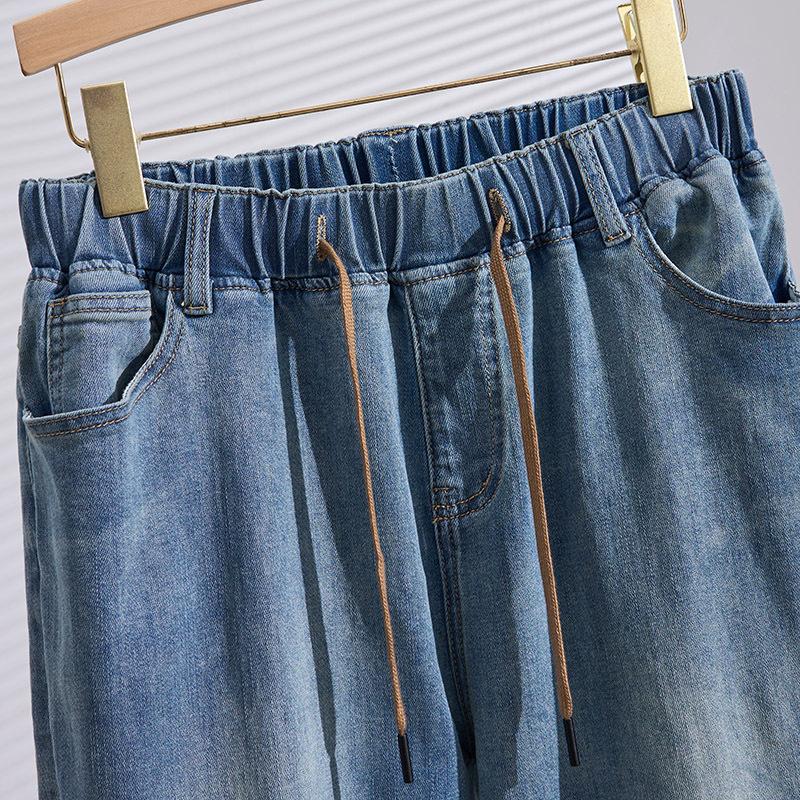 Women Plus Size Jeans High Elastic Drawstring Waist Tapered Denim Harem Pants For Big Weight Ladies Autumn