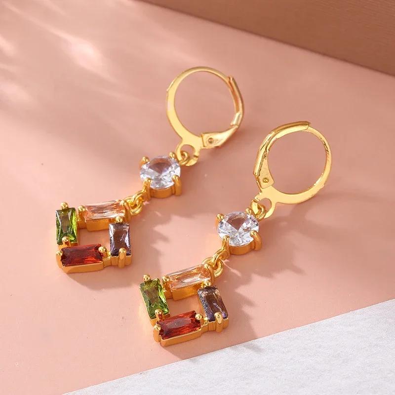 Multicolor Square Synthetic Zircon Pendant Earrings for Women Versatile Daily Jewelry Accessories Perfect Birthday Gifts