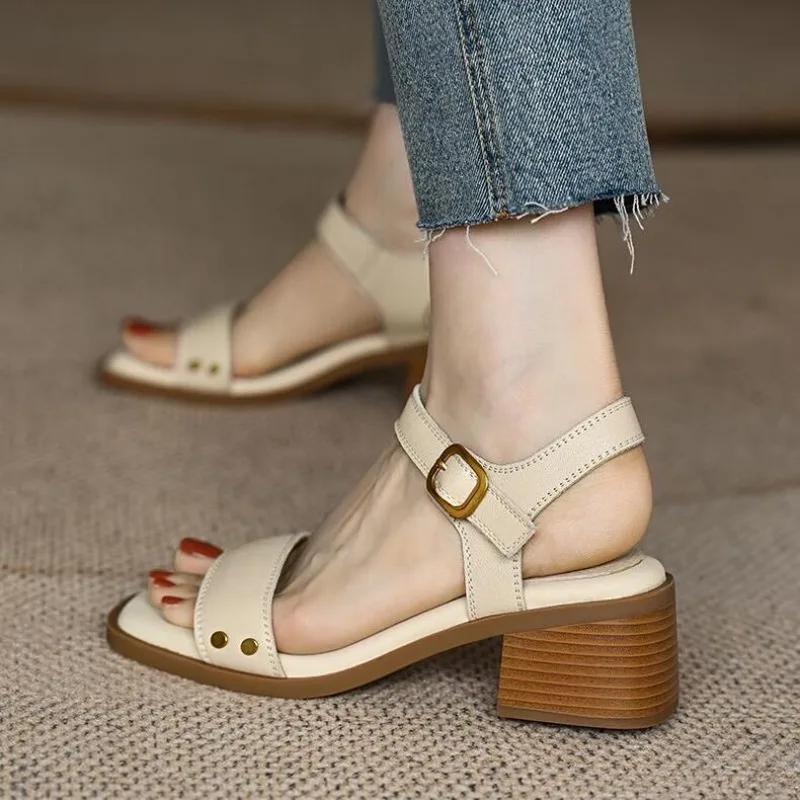 Fashion Women Sandals Summer Real Soft Leather Thick Heel Vintage Brown Sandals Women Cross One Line Strap High Heels Mary Jane Shoes