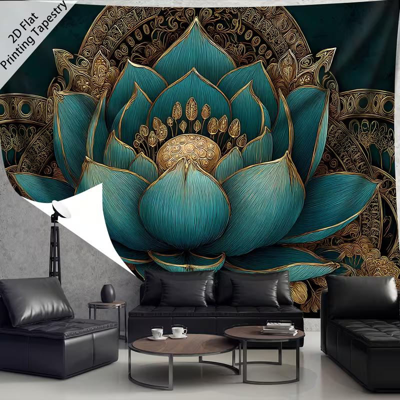 2D Bohemian Lotus Tapestry Sacred Teal & Gold Mandala Wall Art Tapestry Spiritual Home Decoration 47.2x31.5inch/120*80cm
