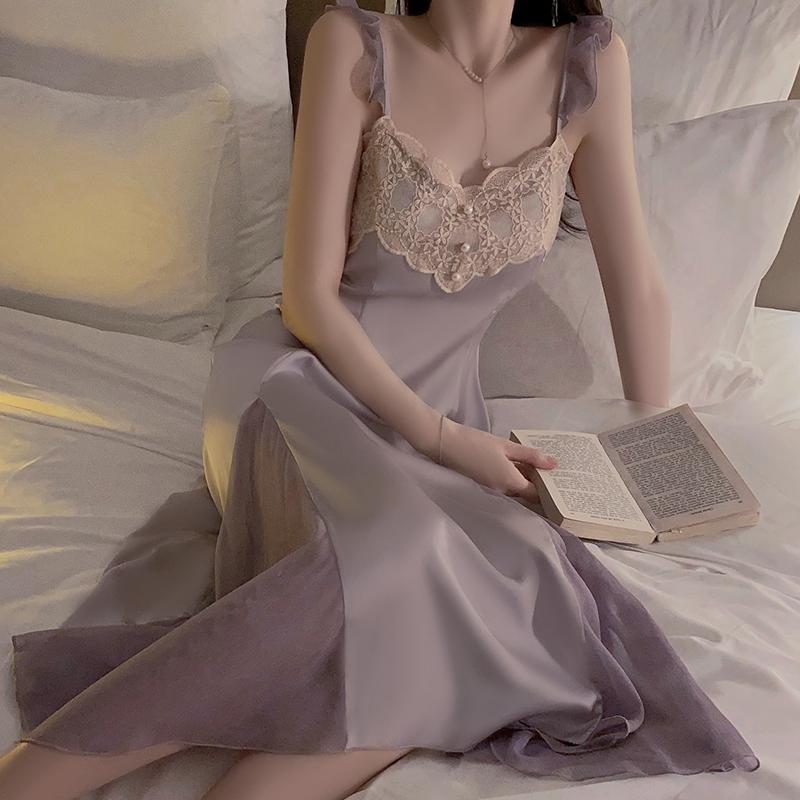 Pijamale Sexy pentru Femei Decolteu în V Pijamale de Damă Satin Dantelă cu Cupe Pijamale cu Bretele Slim Fit Articole de Casă