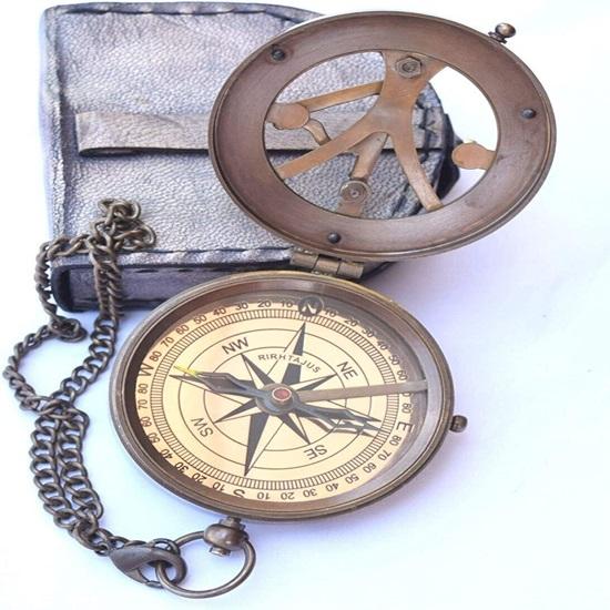 Brass Nautical Sundial Pocket Compass with Leather Case Cane Gift