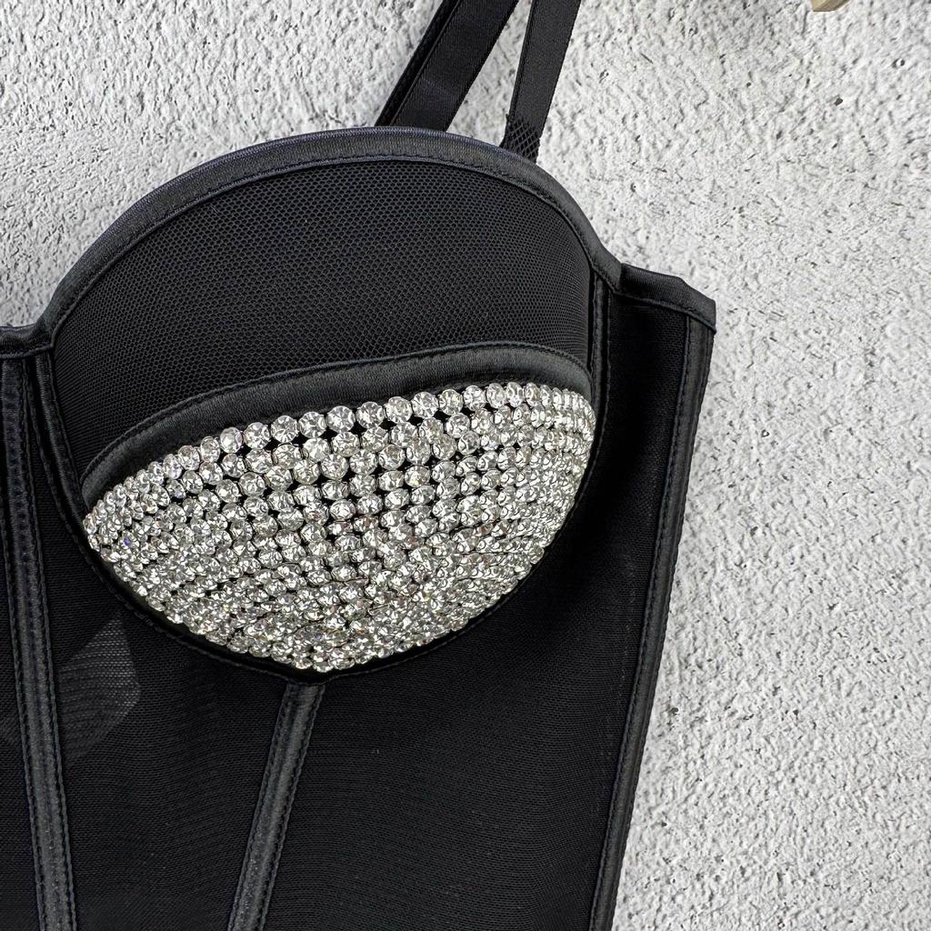 Heavy-duty Crystal Bead Mesh Tank Top Women's Inner Layer Design-oriented Short-sleeve Sexy Fishbone Outerwear Strapless Top Camis & Tank Tops