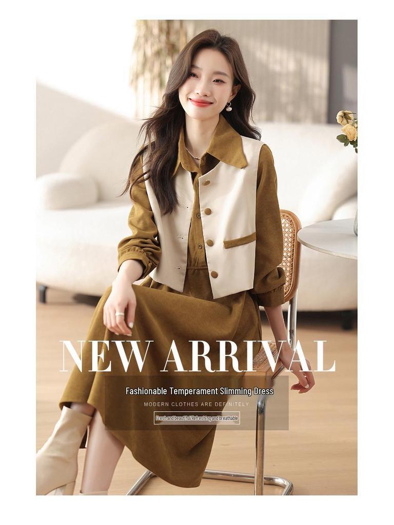 Women's Popular Melard Style Autumn Dress Set: Long Sleeve Vest & Shirt Two-Piece