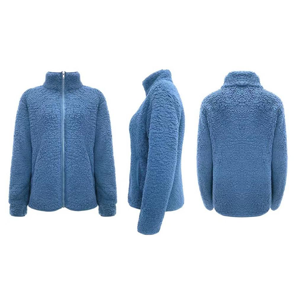 Stand Collar Solid Color Sweatshirt Women Casual Fashion Long Sleeve Zip Up Bubble Fleece Jacket