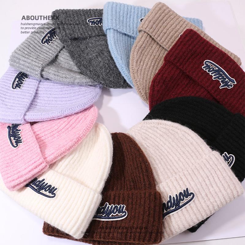 Autumn and Winter Wool Hat for Women's Letters Versatile Knitted Hat Korean Style Fashion Ear Protection Warm Hat Outdoor Student Pullover Hat