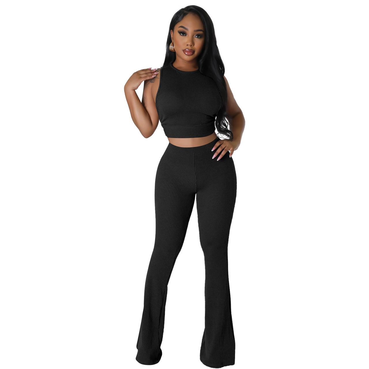 F5001 Women s Ribbed Sleeveless Vest & Wide-Leg Pants Set Small чёрный