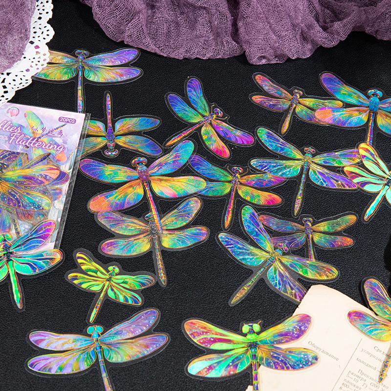 20 Pcs Kawaii Dragonfly Aesthetic Decorative Sticker Pack Scrapbooking Stickers Material Diary Phone Planner Journal Supplies