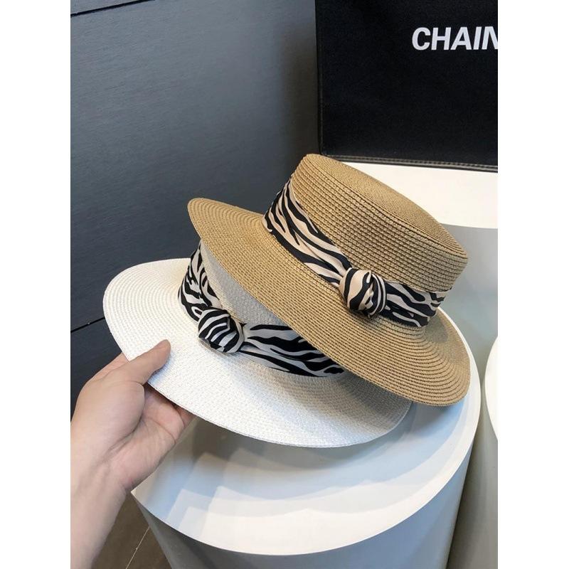 New flat top top hat women's summer French retro zebra pattern braided sun hat outdoor vacation sun hat