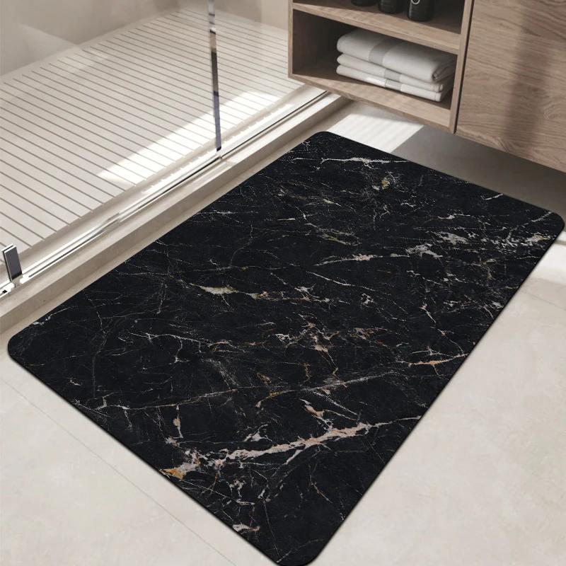 Luxury Watercolor Marble Bath Mat, Non-Slip Bathroom Rug, Gold Accent Floor Mat for Shower, Vanity  Entryway Decor