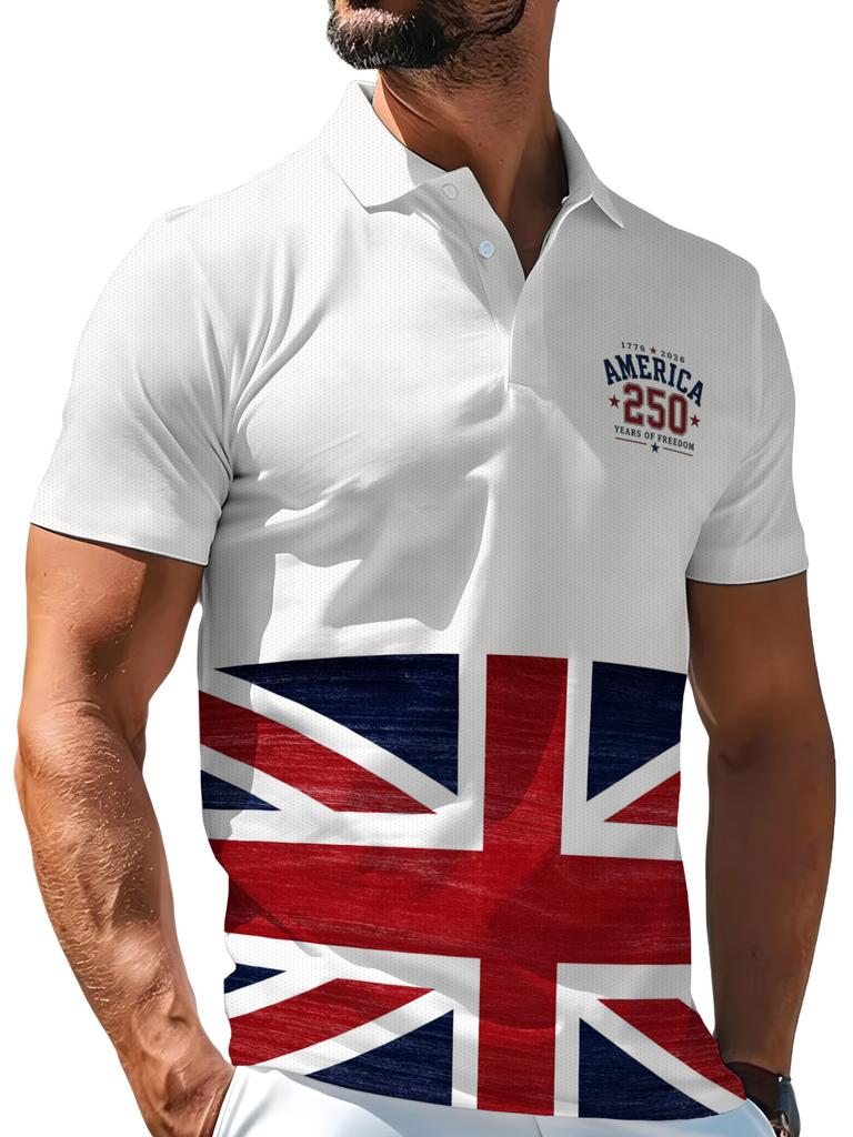 Men'S Outdoor Polo Shirt, Multi-Sizes Available, Men'S Short Sleeve Polo, Chest Letter Number Print, Hem Union Jack Pattern, Men'S Top, Suitable for