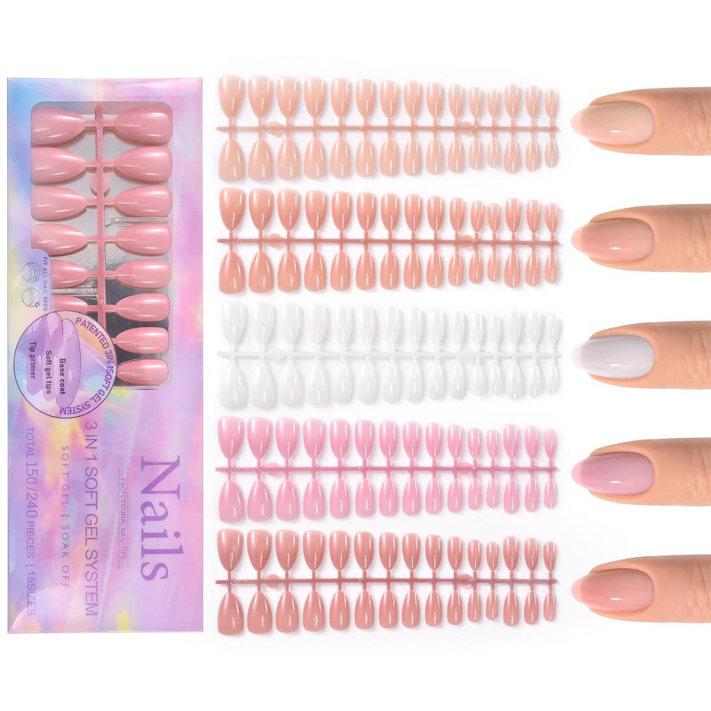 150pcs 3-IN-1 Press On Nails Nude Color Wearable Fake Nail Tips Full Cover Artificial Fingernails Almond Ballet Nail Extensions