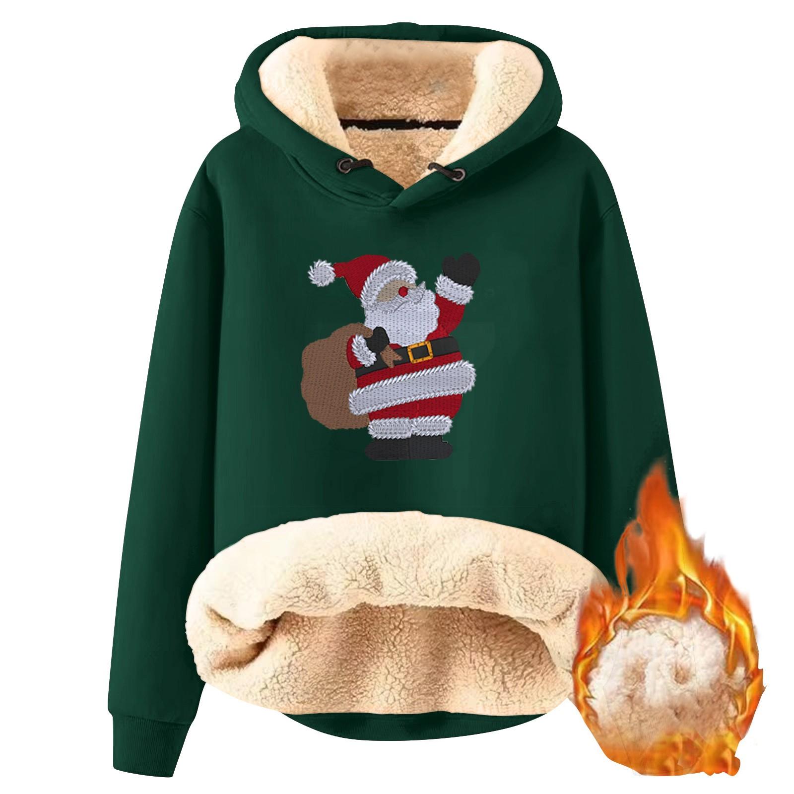 Женский модный флисовый теплый свободный свитер с капюшоном и рождественским принтом L армия зеленый 2298₽