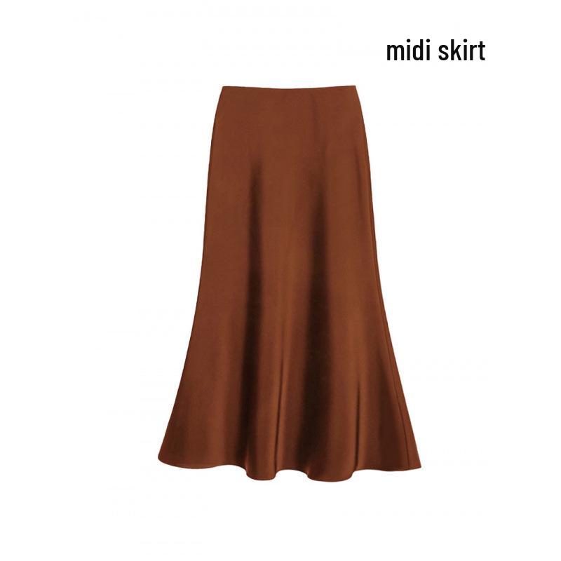 Satin Drape Elastic Waist Midi Skirt - Women's High Waist A-Line for Spring/Summer