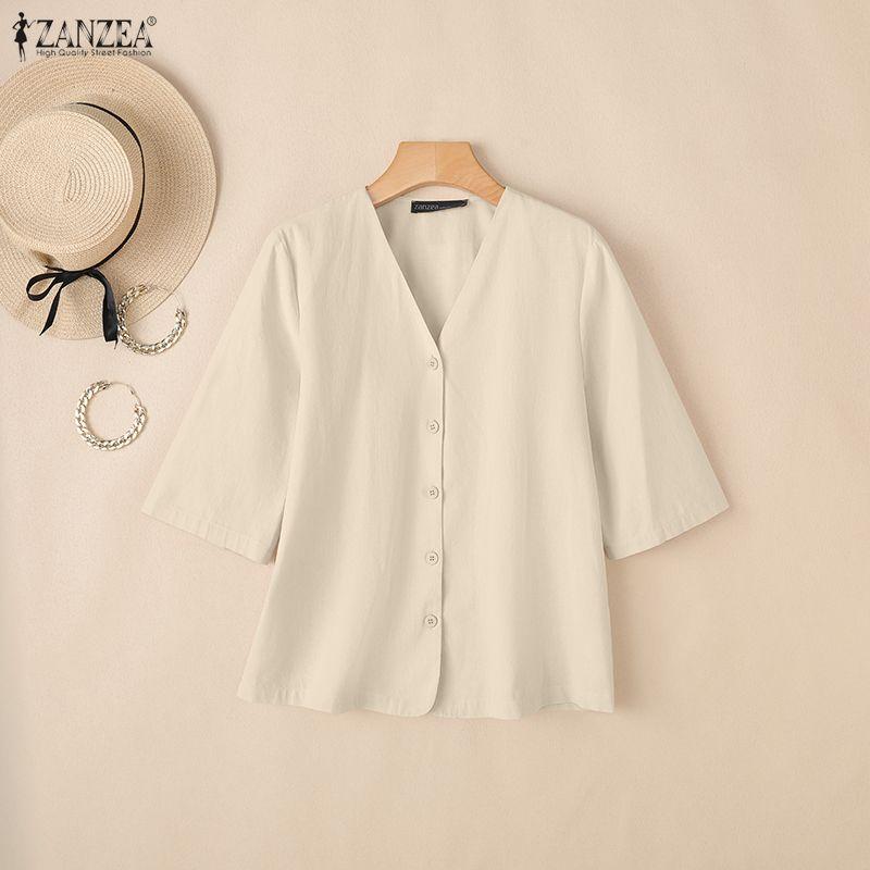 ZANZEA Women Casual V-Neck Solid Color Loose Half Sleeve Blouse