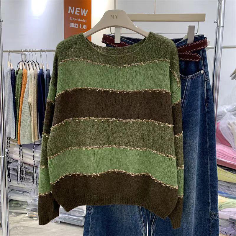 

Женский полосатый вязаный свитер в корейском стиле - Коллекция Осень 2025 One Size зелёный