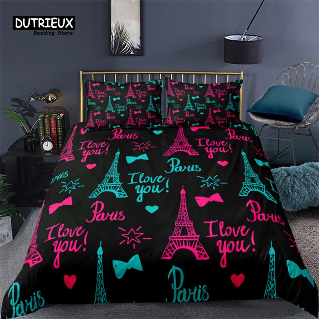 2/3KS Soft Paris Eiffelova věž Sada povlaků na přikrývku Love Heart 3D Print King Queen Sada povlečení na přikrývku z mikrovlákna Domácí textil