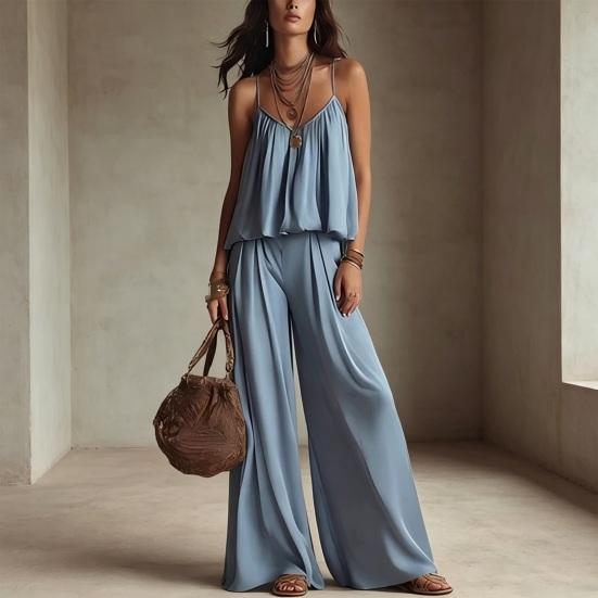 Summer 2 Piece Sets for Women, Spaghetti Strap Tank Top And Wide Leg Pants Lounge Set, Beach Vacation Travel Outfits