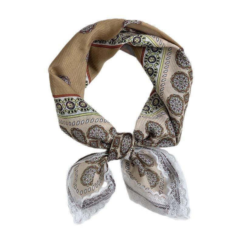 Silk scarf neck small square scarf new multi-color versatile headscarf summer women's pastoral lace headband hair accessories decorative small scarf