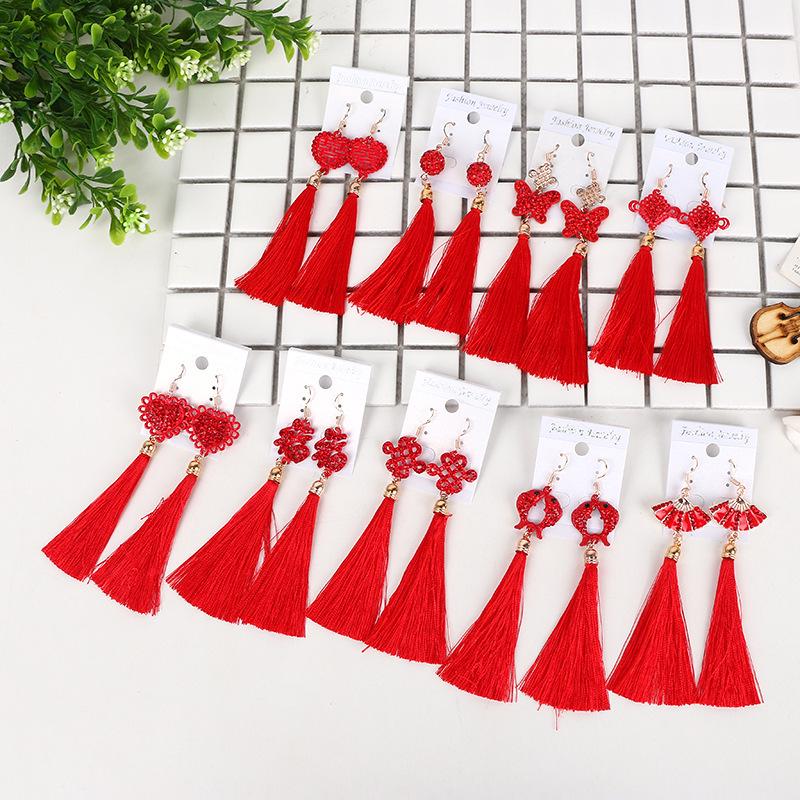 Chinese Hanfu Accessories: Retro Long Red Tassel Earrings for Weddings