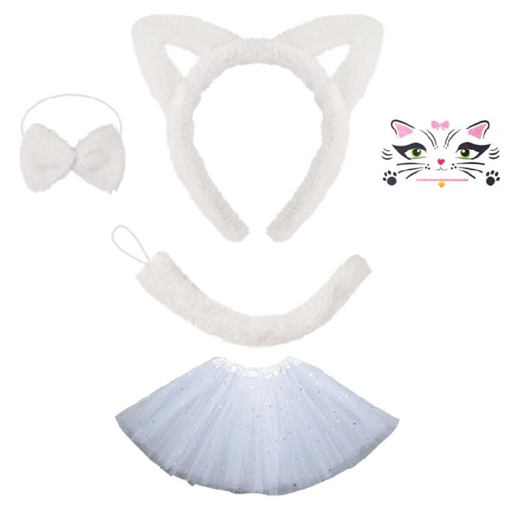 Cats Headband Set Plush Tail Cats Headband Bows Tie Skirt Animals Cosplay Set Cats Costume Set for Halloween