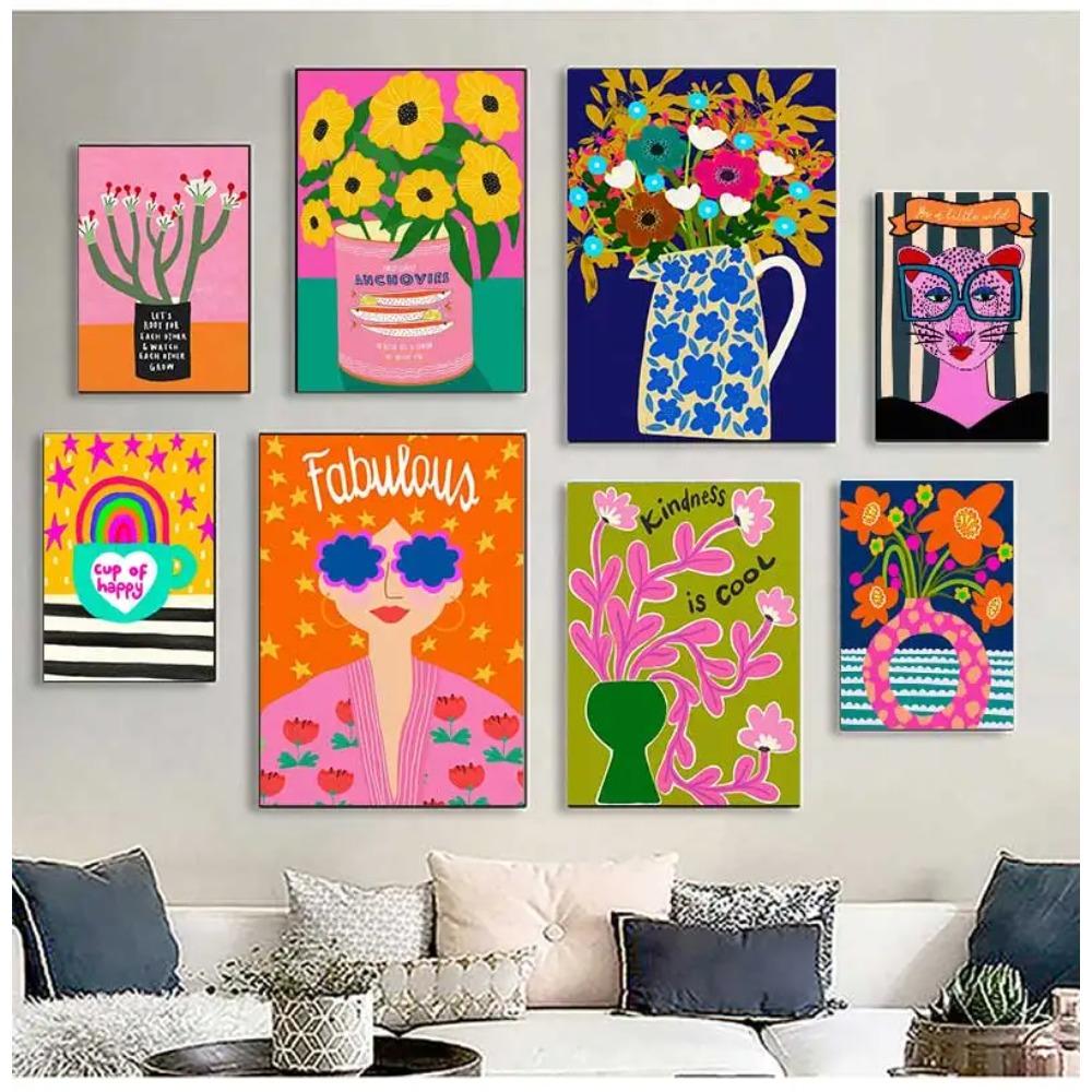 Nordic Posters and Prints for Room Decoration, Wall Photos, Colorful Flower, Rainbow, Cup, Lady Leopard, Canvas Painting