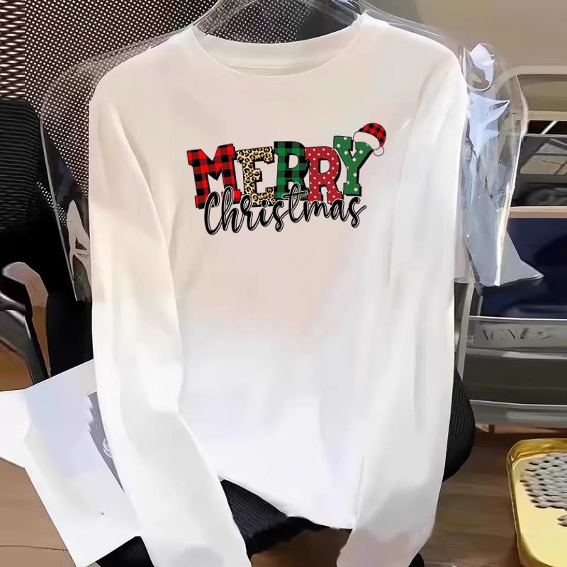 (Asian Size) Graphic Tee Women Merry Christmas Letter 90s New Year Print Casual Fashion Top O-neck Clothing T Shirt Long Sleeve T-shirts