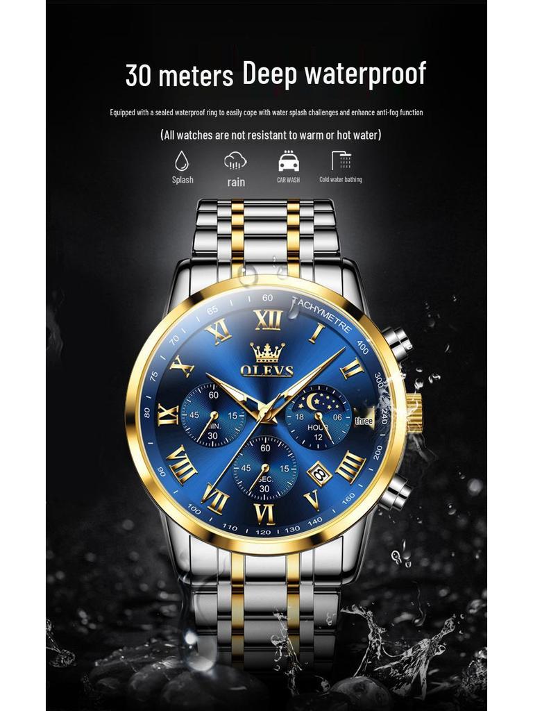 Oulishi Multifunctional Men's Waterproof Quartz Watch with Steel Band
