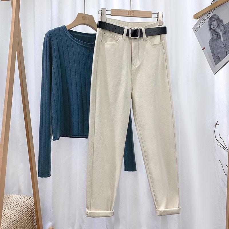 Women's Plush High-Waist Harem Jeans - Slim, Thick, Warm, Carrot Pants, Small Size, Nine-Point Length