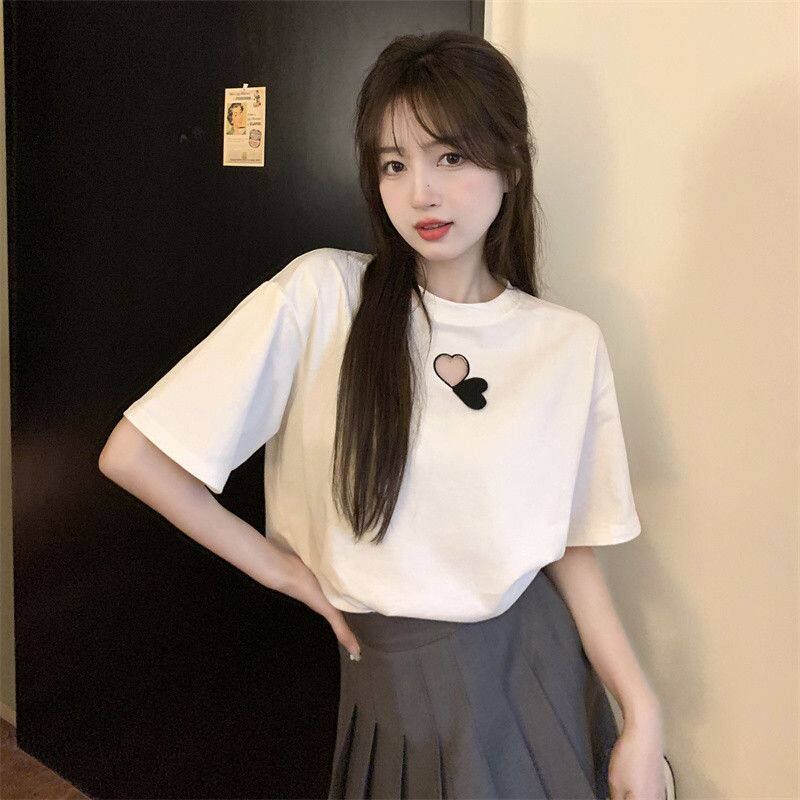 

2026 Summer Pure Desire Pure Cotton Hollow Heart Short Sleeve T-Shirt for Women, Unique Design, Loose Fit, Distinctive Regular Shoulder Top White S [Excellent Quality]
