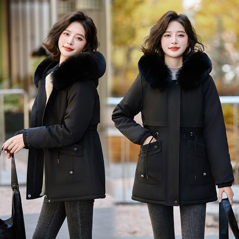Coats for Women Winter Oversized Fur Collar Down Jacket Hooded Fleece-Lined Thickened Velvet Loose Casual Coat Top