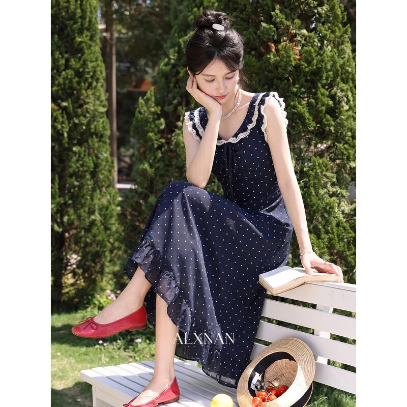 French Navy Polka Dot Flutter Sleeve A-Line Dress S
