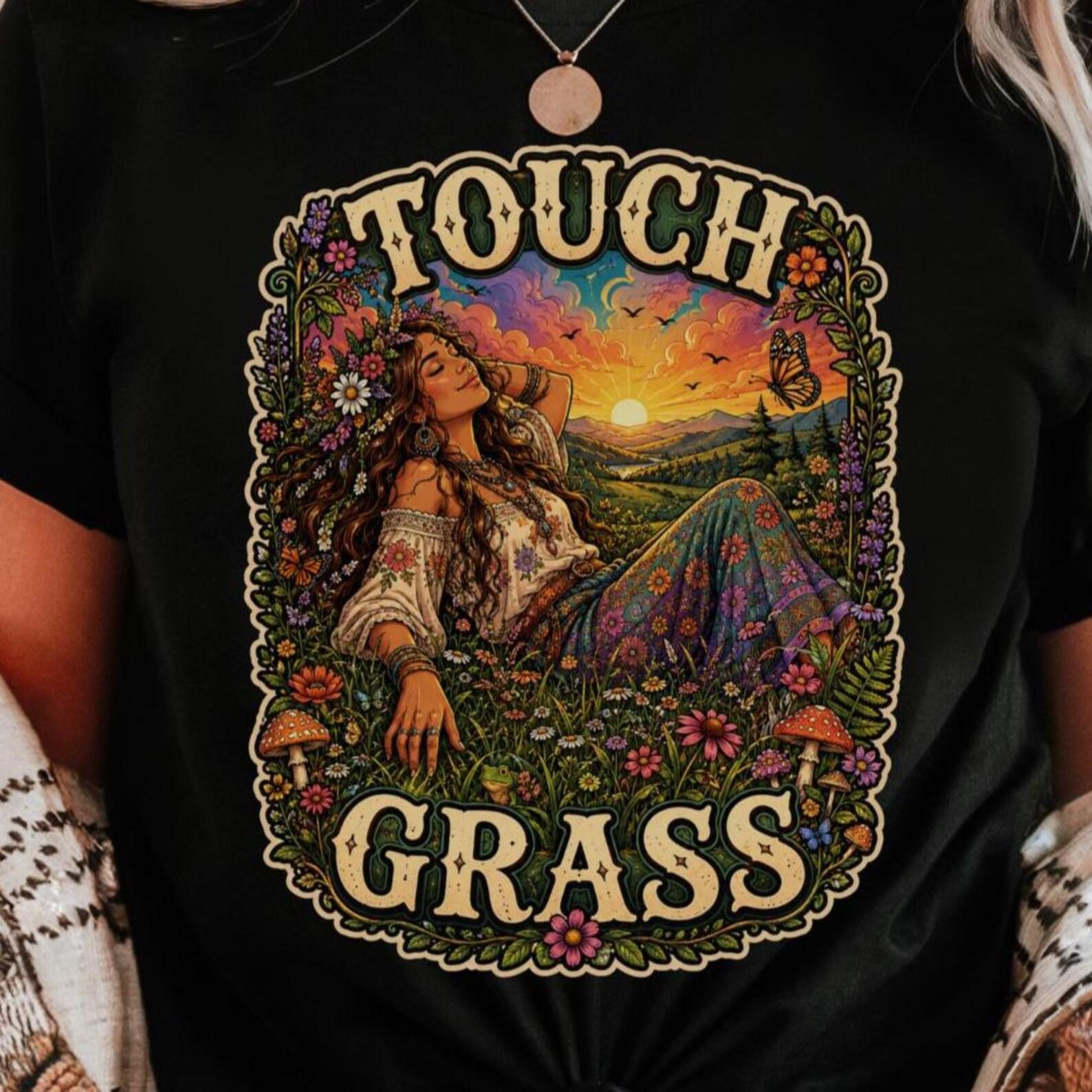 Touch Grass Shirt | Boho Nature Graphic Tee | Wildflower Meadow Art | Cottagecore Festival Shirt 3XL