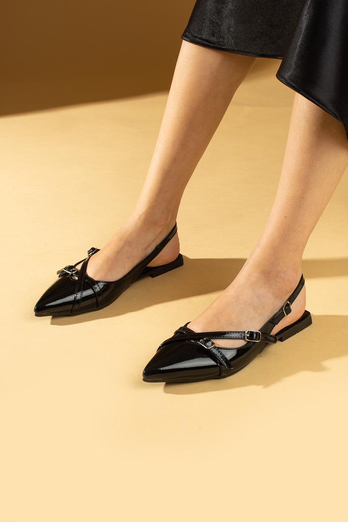 Pointed Toe Double Buckle Women's Ballerina Flats 64-105-24 Patent Leather